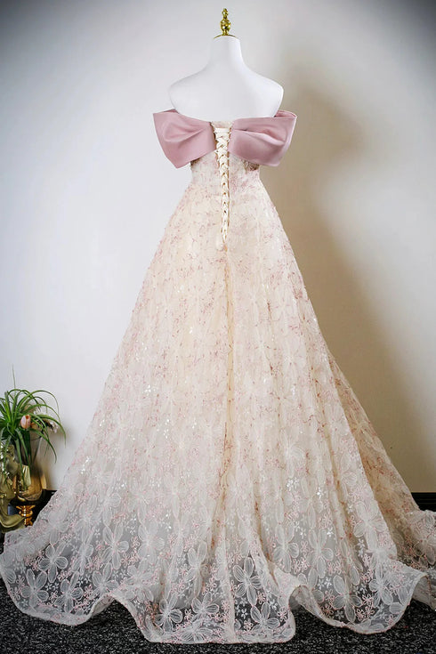 Beautiful Pink Satin and Lace Off Shoulder Formal Dress, A-line Pink Long Prom Dress