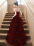 Wine Red Sequins A-line Strap Beaded Party Dress, V-neckline Prom Dress Evening Dress