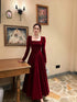 Wine Red Long Sleeves Velvet A-line Formal Dress, Wine Red Velvet Prom Dress Party Dress