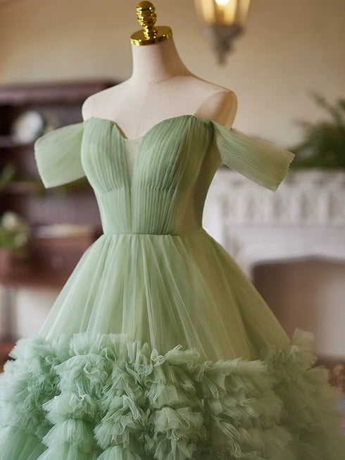 Green Tulle Sweetheart Long Formal Gown, Green Tulle Sweet 16 Dress