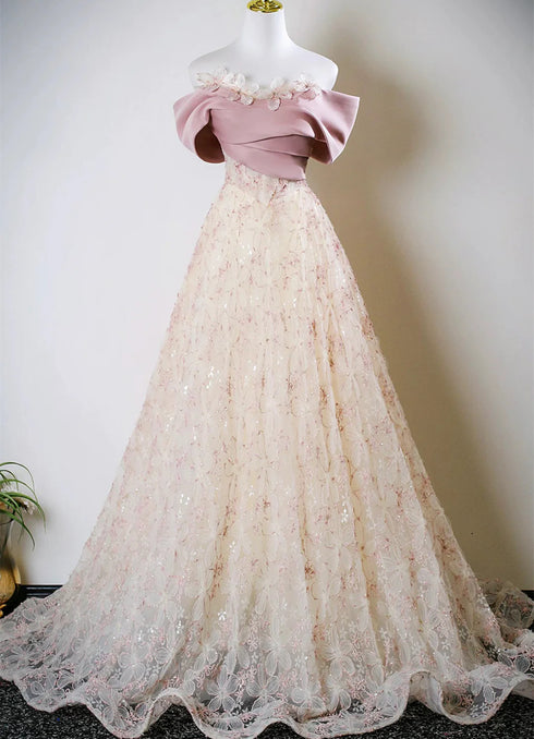 Beautiful Pink Satin and Lace Off Shoulder Formal Dress, A-line Pink Long Prom Dress