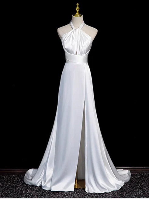 White Satin Halter Mermaid Wedding Party Dress With Leg Slit, White Satin Long Prom Dress