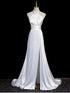 White Satin Halter Mermaid Wedding Party Dress With Leg Slit, White Satin Long Prom Dress
