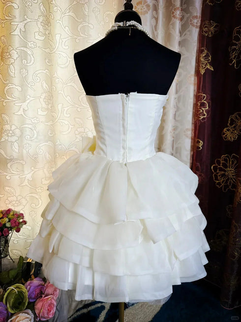 Ivory Beaded Strapless Layers Short Party Dress, Ivory Graduation Dress with Bow