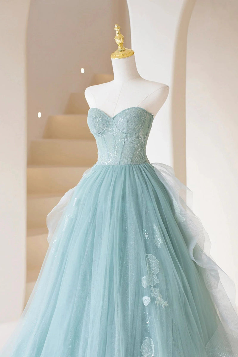 Classy A Line Strapless Tulle Sequin Long Prom Dress, Evening Dress main image 0