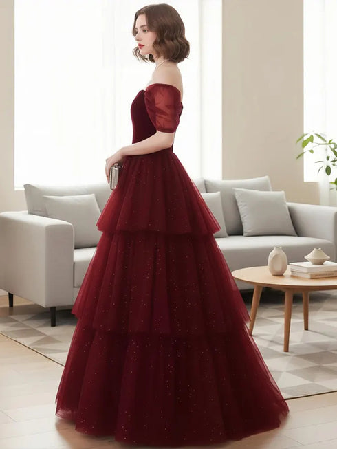 Wine Red Tulle Layers A-line Off Shoulder Prom Dress, Wine Red Tulle Long Party Dress
