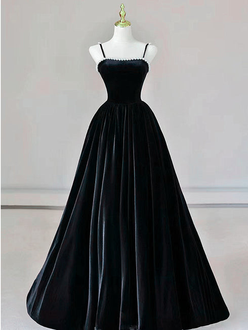 Black A-line Velvet Straps Floor Length Party Dress, Black Velvet Prom Dress Evening Dress