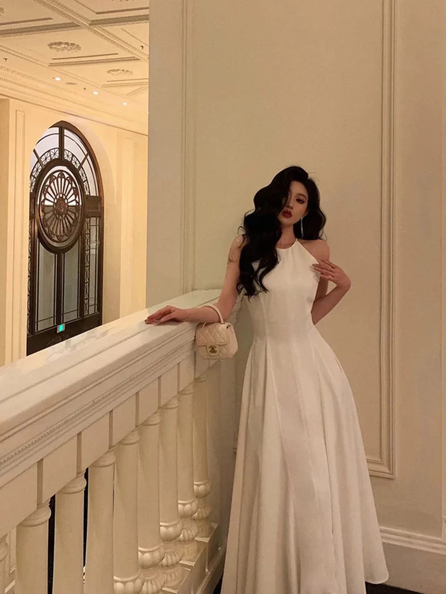 A-line Chiffon White Halter Long Party Dress, White Chiffon Wedding Party Dress US 14 / White A-line Chiffon White Halter Long Party Dress, White Chiffon Wedding Party Dress US 14 / White