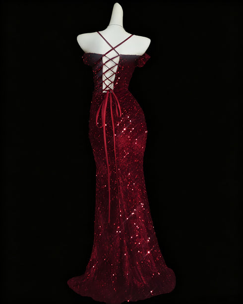 Wine Red Sequins Velvet Mermaid Beaded Prom Dress, Off Shoulder Sweetheart Evening Dress