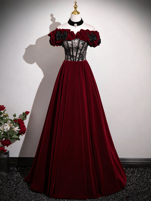 Wine Red Velvet Off Shoulder Long Prom Dress, A-line Beaded Sweetheart Evening Dress Party Dress