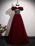 Wine Red Velvet Off Shoulder Long Prom Dress, A-line Beaded Sweetheart Evening Dress Party Dress