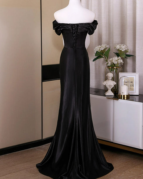 Black Satin Sweetheart Mermaid Floor Length Prom Dress, Black Satin Off Shoulder Evening Dress