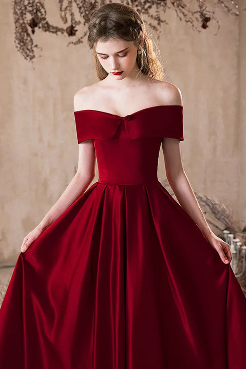 Wine Red A-line Off Shoulder Floor Length Prom Dress, Wine Red Satin Formal Dress