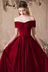 Wine Red A-line Off Shoulder Floor Length Prom Dress, Wine Red Satin Formal Dress
