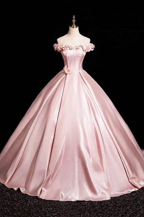 Pink Satin Off Shoulder Flowers Long Prom Dress, Pink Satin Sweetheart Party Dress
