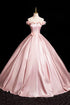 Pink Satin Off Shoulder Flowers Long Prom Dress, Pink Satin Sweetheart Party Dress