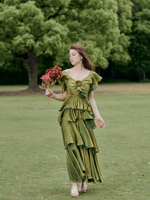 Green Layers Cap Sleeves Satin Long Party Dress, Green Satin Prom Dress Evening Dress