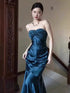Blue Soft Satin Sweetheart Strapless Long Party Dress, Blue Satin Evening Dress Prom Dress