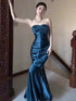 Blue Soft Satin Sweetheart Strapless Long Party Dress, Blue Satin Evening Dress Prom Dress