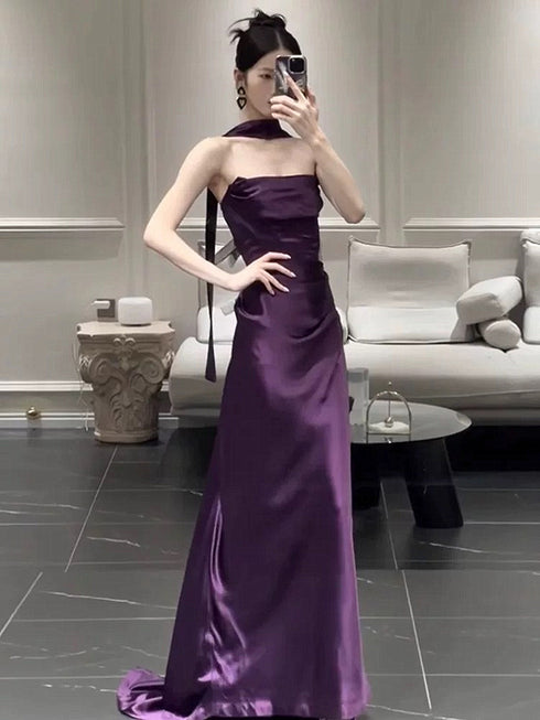 Purple Soft Satin Strapless Long Party Dress Prom Dress, Purple Satin Scoop Evening Dress