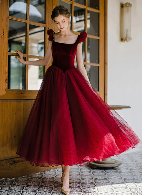 Wine Red Tea Length Scoop Straps Tulle Party Dress, Wine Red Homecoming Dress