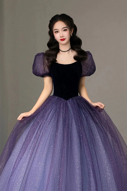 Purple Short Sleeves Tulle A-line Long Party Dress, Purple Tulle Prom Dress Evening Dress