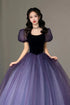 Purple Short Sleeves Tulle A-line Long Party Dress, Purple Tulle Prom Dress Evening Dress