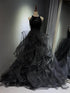 Black Halter Sequins and Tulle Beaded Prom Dress, Black Chic Long Party Dress Evening Dress