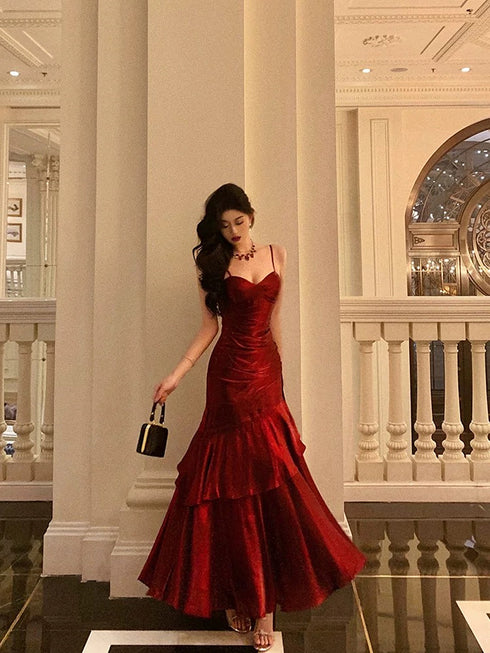 Wine Red Mermaid Straps Satin Chic Party Dress, Wine Red Satin Prom Dress Evening Dress