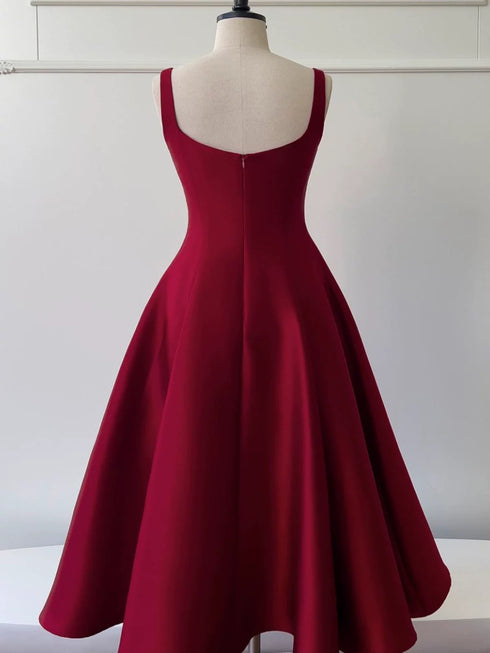 Wine Red Tea Length Straps Formal Dress, Wine Red Scoop Homecoming Dress
