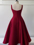 Wine Red Tea Length Straps Formal Dress, Wine Red Scoop Homecoming Dress