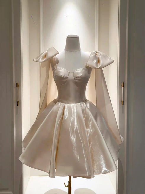 Light Champagne Satin Sweetheart Formal Dress, Short Party Dress with Bow