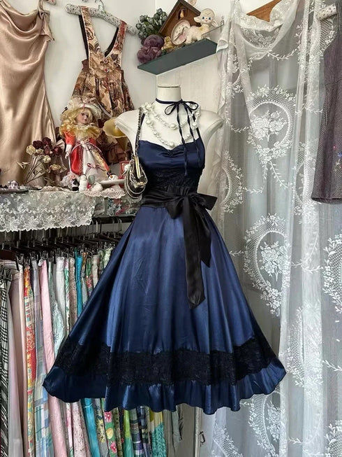 Dark Navy Satin Party Dress with Black Lace, Spaghetti Strap Bow Waist A-Line Homecoming Dress