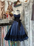 Dark Navy Satin Party Dress with Black Lace, Spaghetti Strap Bow Waist A-Line Homecoming Dress