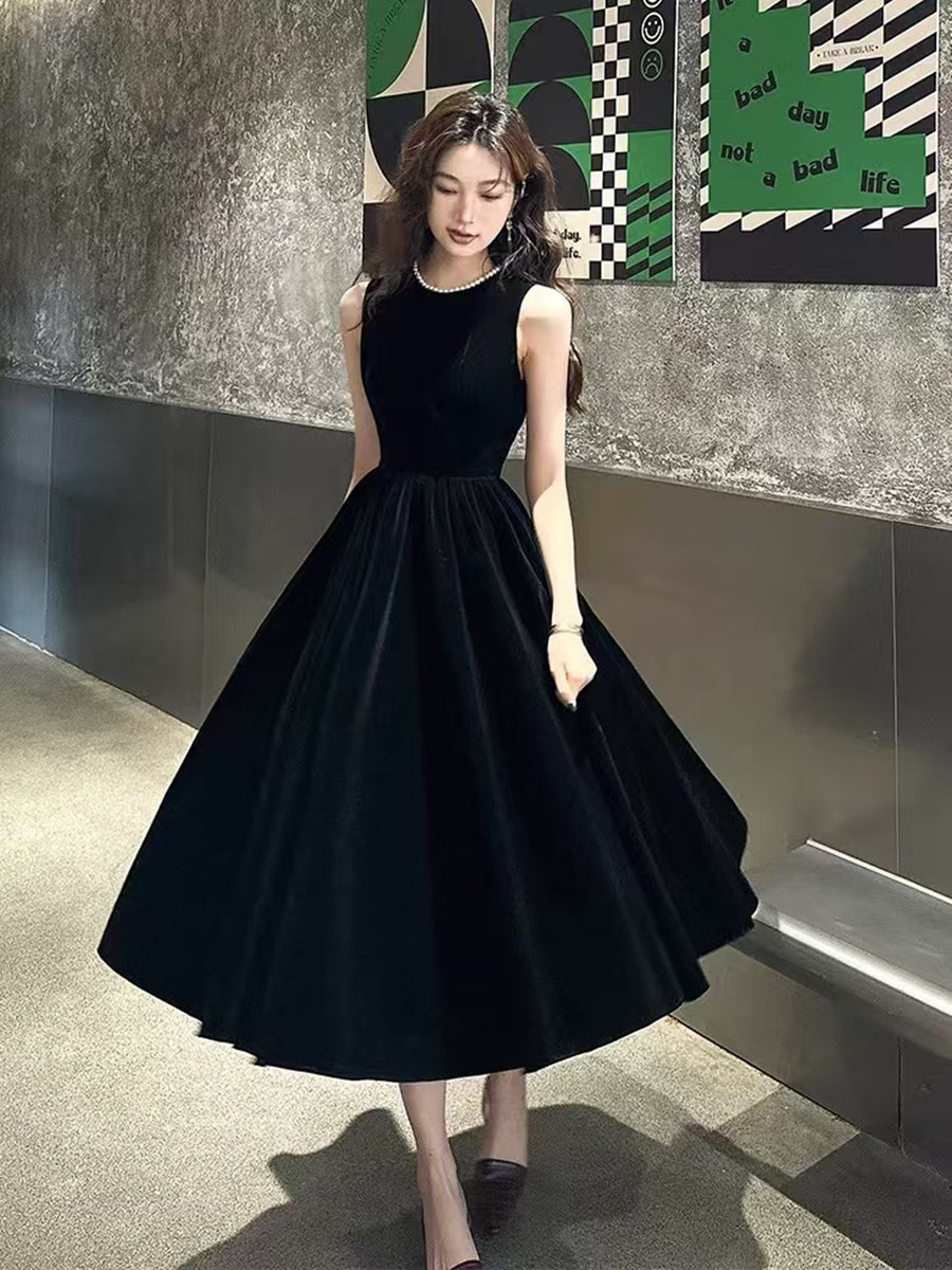 A-line Black Velvet Tea Length Round Neckline Party Dress, Black Velve   BeautyDressy