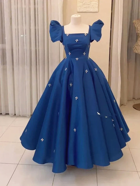 Blue Satin Beaded Short Sleeves Long Wedding Party Dress, Blue Satin Long Party Dress