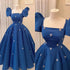 Blue Satin Beaded Short Sleeves Long Wedding Party Dress, Blue Satin Long Party Dress