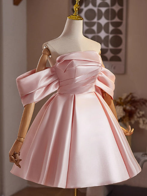 A-line Pink Satin Short Sleeves Homecoming Dress, Pink Satin Short Prom Dress