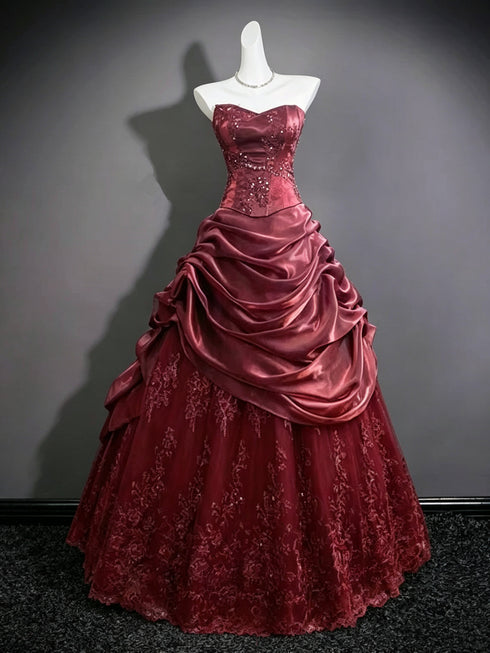 Wine Red Strapless Ball Gown Prom Dress With Ruffled Lace Appliques, Wine Red Sweet 16 Dress