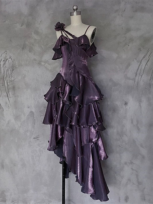 Purple Satin High Low Stylish Long Formal Dress, Purple Prom Dress Evening Dress
