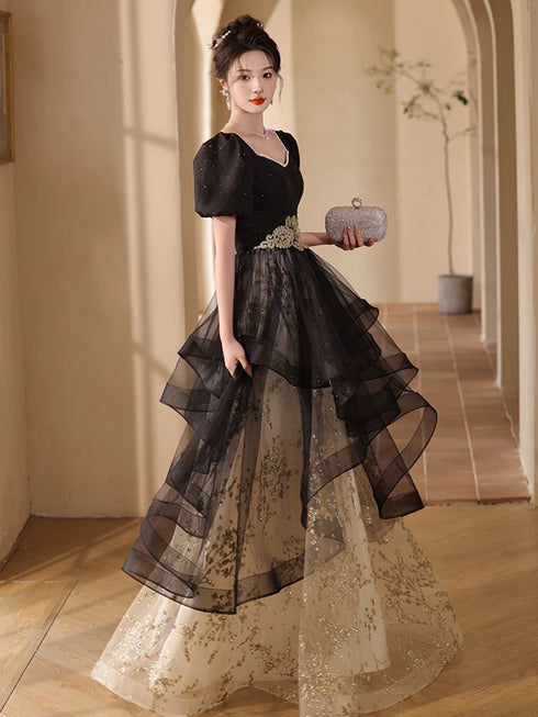 Black A-line Short Sleeves Tulle Long Party Dress, Black Prom Dress Evening Dress