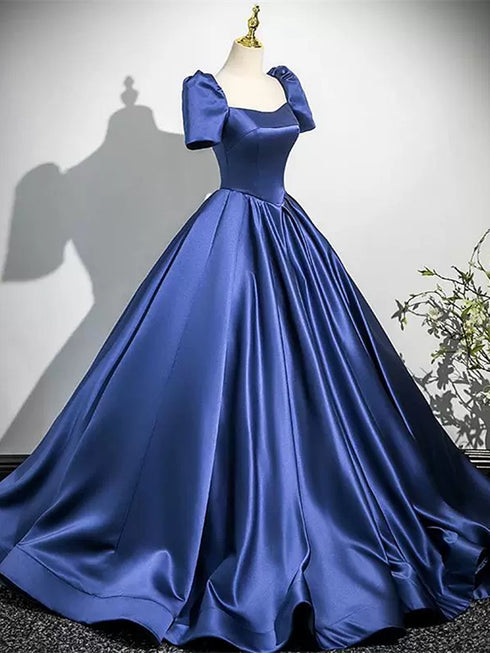 Dark Blue Short Sleeves Satin Lace-up Back Party Dress, Dark Blue Prom Dress