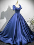Dark Blue Short Sleeves Satin Lace-up Back Party Dress, Dark Blue Prom Dress