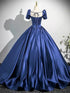 Dark Blue Short Sleeves Satin Lace-up Back Party Dress, Dark Blue Prom Dress