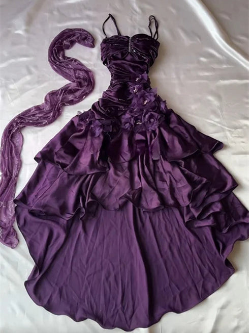 Dark Purple High-Low Ruffle Straps Prom Dress, 3D Flower Ruched Homecoming Dress Party Dress