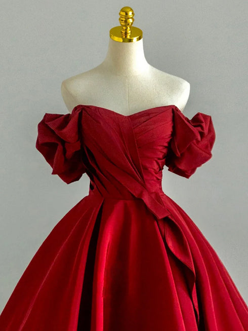 Cute Wine Red Satin Off Shoulder A-Line Prom Dress, Wine Red Satin Long Evening Dress
