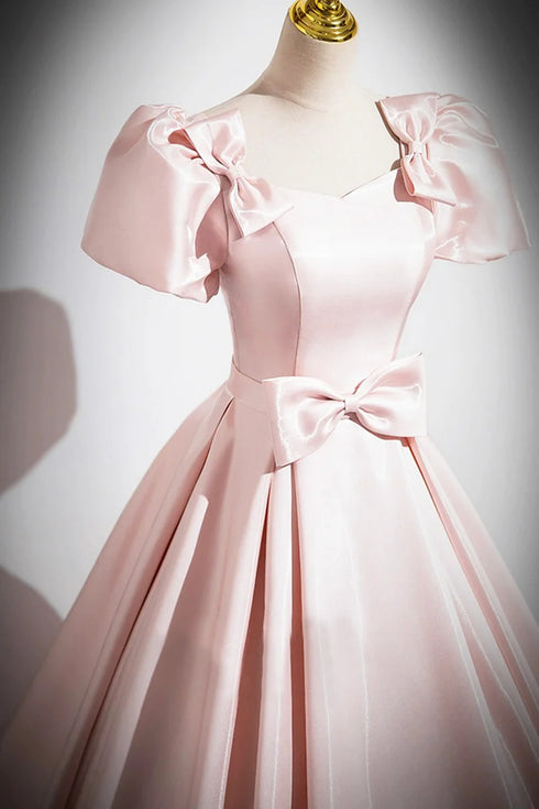 Pink Long Satin Short Sleeves Party Dress, Pink Satin Prom Dress Evening Dress