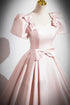 Pink Long Satin Short Sleeves Party Dress, Pink Satin Prom Dress Evening Dress