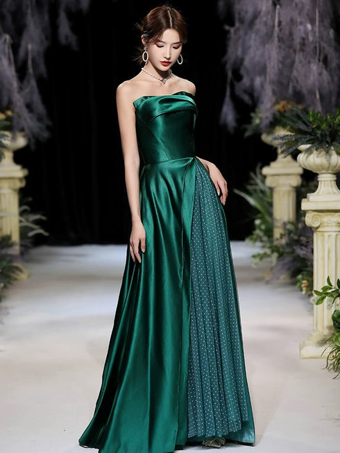 Green Satin and Tulle Strapless A-line Party Dress, Chic Green Long Prom Dress Evening Dress