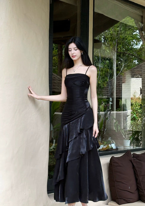 Black Satin Mermaid Straps Chic Long Party Dress, Black Satin Prom Dress Evening Dress